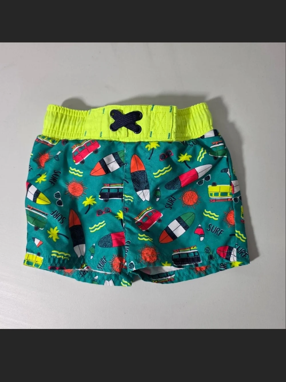 Cat & Jack Teal Swim Trunks with Neon Yellow Waistband and Surf Print